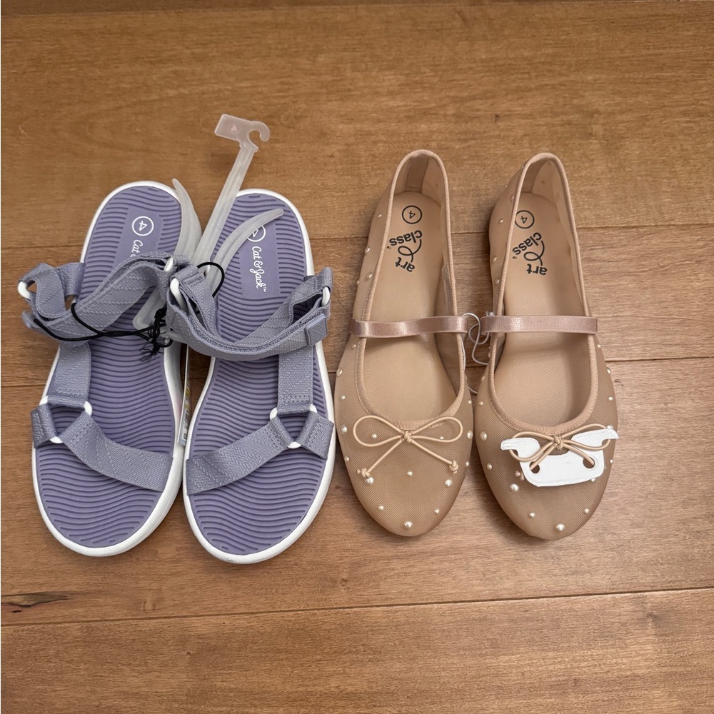 art class Girls' Tan Mary Jane Flats with Bow & Pearl Accents